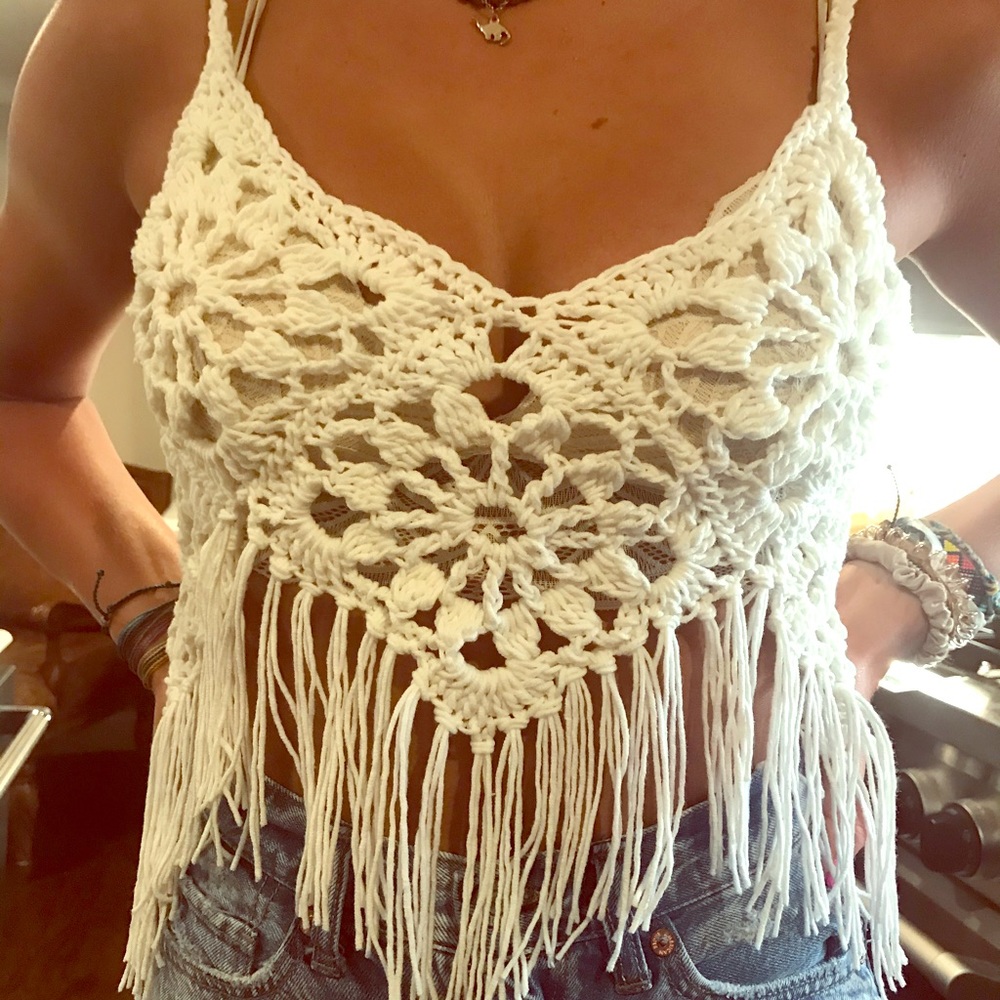 Hand-knit Boho Festival Fringe Tank Top